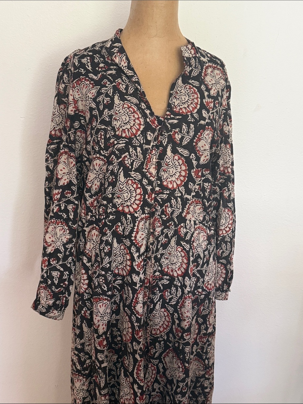 Emerson Fry India Collection S Floral Long Sleeve Dress Black, Cream, Red Print